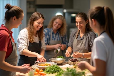 People participating in a cooking class, smiling while preparing food