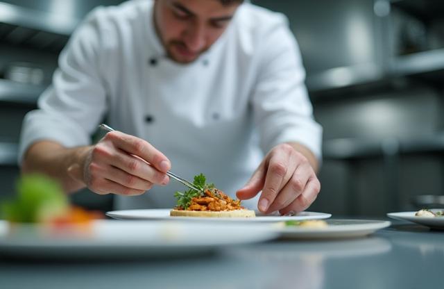 Chef meticulously plating a dish in a professional kitchen environment