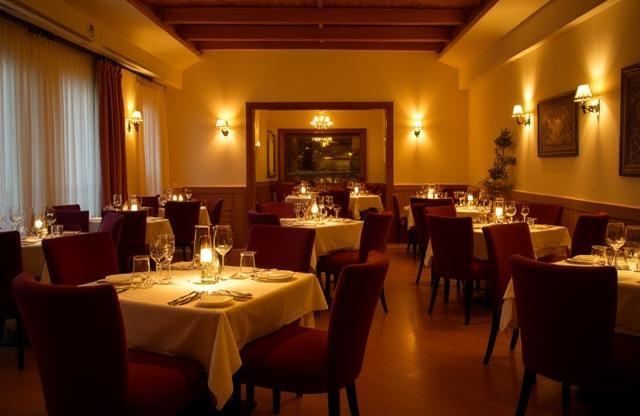 Ambient lighting in the main dining area with elegant tables set