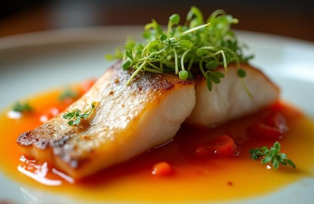 Beautifully presented signature fish dish with vibrant sauce and garnish