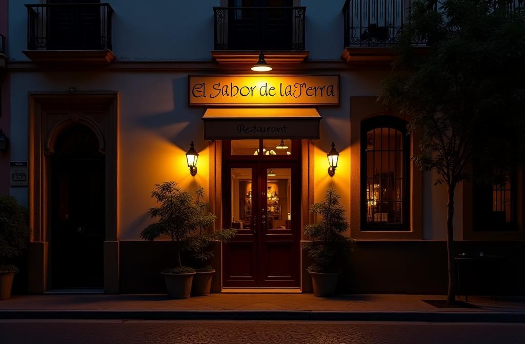 Inviting evening view of El Sabor de la Tierra restaurant entrance