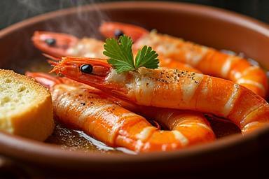 Close-up of sizzling garlic prawns in a clay dish, served with crusty bread