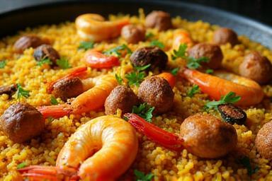 Generous serving of mixed paella with fluffy rice, fresh seafood, chicken, and vegetables