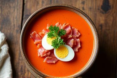 Bowl of Salmorejo soup garnished with finely chopped serrano ham and boiled egg